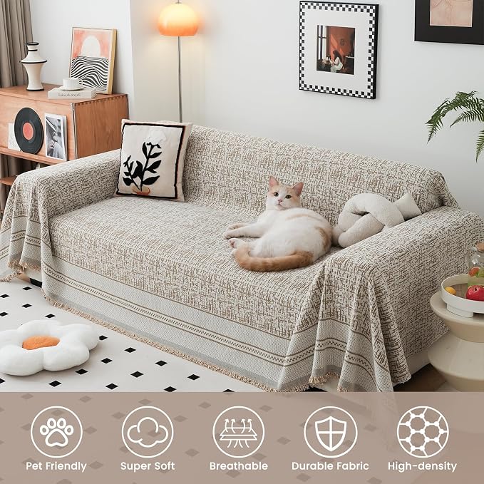 Khaki 71"x102" Waterproof Sectional Sofa Cover Boho Couch Protector for Pet | Anti Scratch Furniture Protector Pet Friendly Washable Soft Thick Chenille Couch Slipcover for 2-3 cushion, Sectional Sofa - Image 5