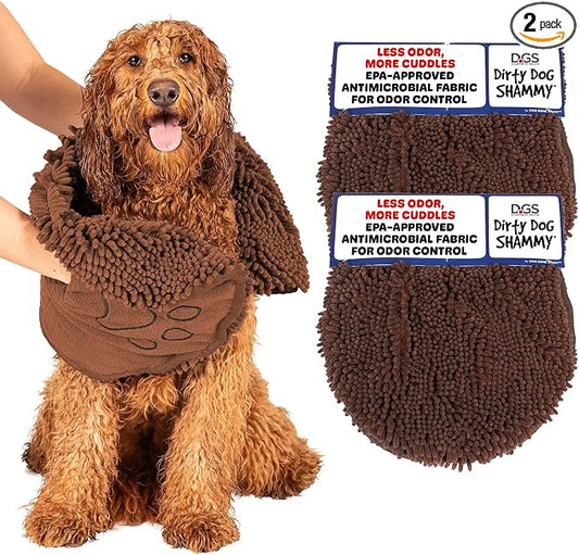 Dog Gone Smart The Dirty Dog Shammy - 2-Pack, Antimicrobial Microfiber Dog Towel for Odor Control, Fast-Drying Plush, Dual Hand Pockets & Super Absorbent, Machine Washable - 31 x 13 in, Brown by DogGoneSmartBed