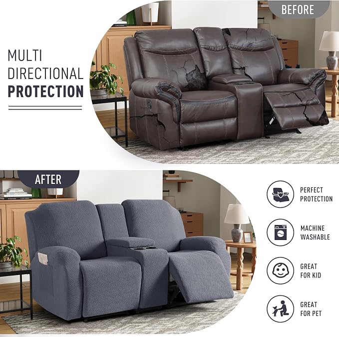KinCam Loveseat Recliner Covers with Middle Console Slipcover, Dark Gray | Stretch Recliner Sofa Covers for 2 Seat Couch Cover, Jacquard Furniture Protector Covers with Elastic Bottom for Kids, Pets - Image 3