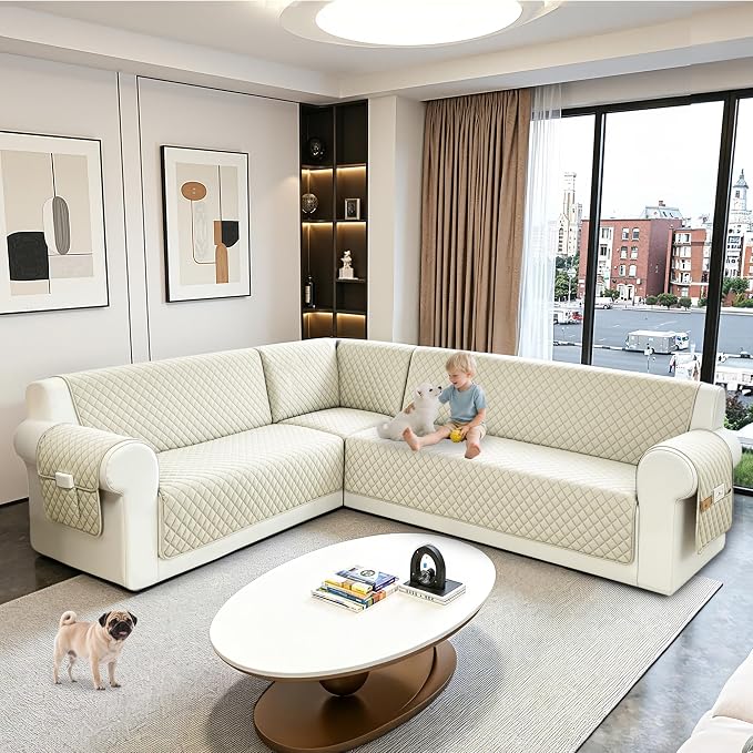 Sectional Couch Covers for Dogs 100% Waterproof Corner L Shaped Sofa Cover Pet Friendly Velvet Washable Anti Slip L Shape Modular Sofa Slipcover Protector with Pockets (Cream, XL Plus) - Image 6