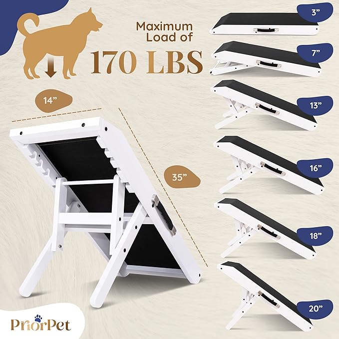 Dog ramp for Couch – Non-Slip, Sturdy Build Foldable Dog ramp – Supports up to 200lbs – Adjustable 7'' to 20'' – Landing Platform Seamlessly Connects – Birchwood Pet Ramp for Small Dogs – White