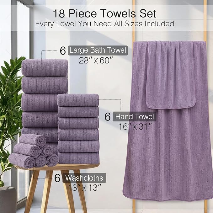 18 Piece Family Bath Towel Set Include 6 Bath Towels,6 Hand Towels and 6 Washcloths Soft Bathroom Towel with Hanging Loops,Highly Absorbent Quick Dry Towels Set for Bathroom,Hotel and Spa-Dark Purple - Image 3