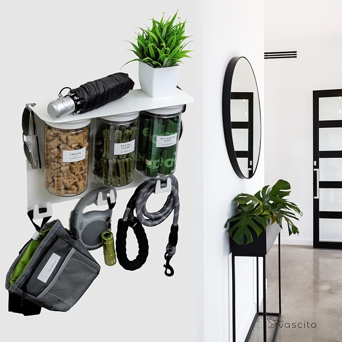 Dog Leash Holder for Wall with Shelf — Wall Mounted Dog Treat Holder & Station, 3 Large Airtight 32oz Treat Containers, 9 Hooks, Patented Lidless Slide-to-Seal Jars, Solid Steel, Made in USA - Image 7