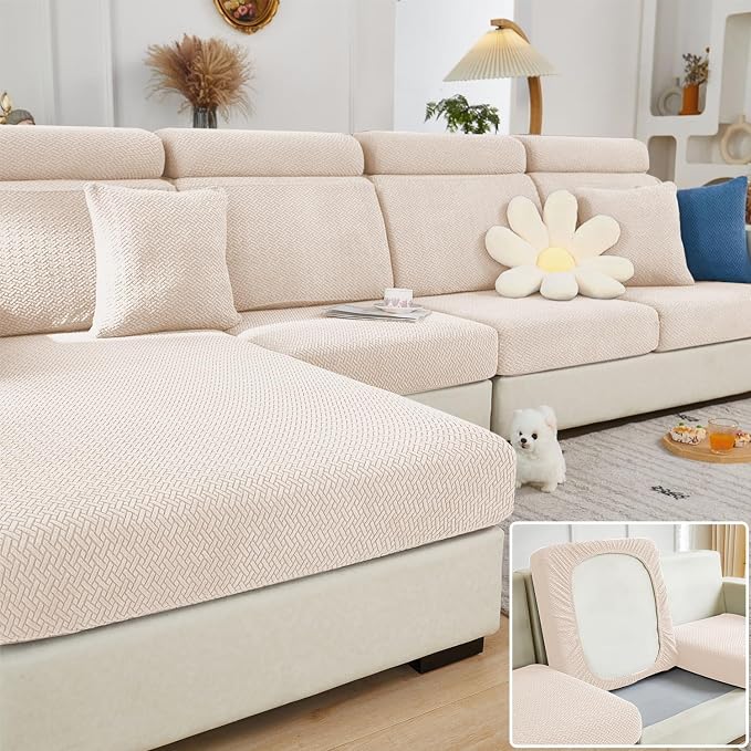 Couch Cushion Covers & Couch Cover for Sectional Sofas, Reversible Non-Slip Sofa Slipcovers, Washable Pet Proof Home Decor Protector (Light Yellow, 3 Seats + Chaise Cover) by Unknown