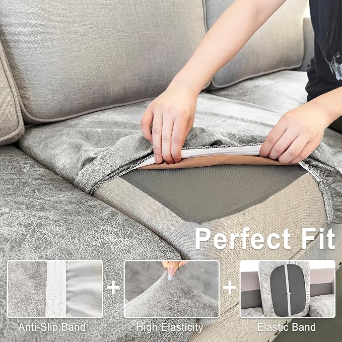 ANARACHON Leather Look Couch Cushion Covers Sofa Seat Slipcovers Sets Couches Furniture Protector for Sectional Armchair Loveseat Pets Kids Stretch Spandex Fabric (3 Cushion Sofa, Griege) - Image 4