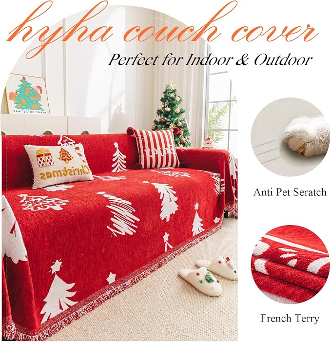 hyha Couch Cover for Dogs, Boho Chenille Sofa Cover for 3 Cushion Couch | Anti-Scratch Washable Sofa Slipcover, Loveseat Sectional Couch Blankets with Tassels (Red Christmas Tree, 88.5x134 Inch) - Image 4