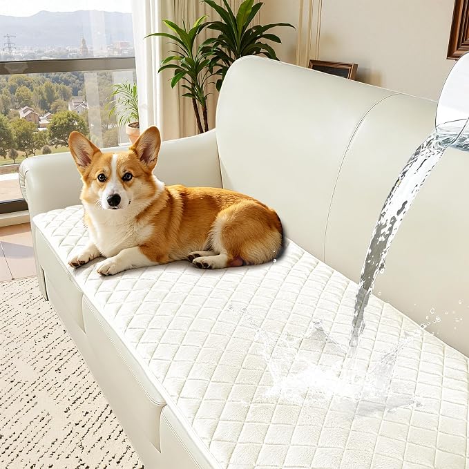 ALIECOM Sofa Cover Waterproof Couch Cover for Dogs Washable Velvet Sofa Slipcovers for 3 Cushion Couch Pet Friendly Non Slip Living Room Furniture Protector (Creamy White, 27.6" x 82.7") by ALIECOM