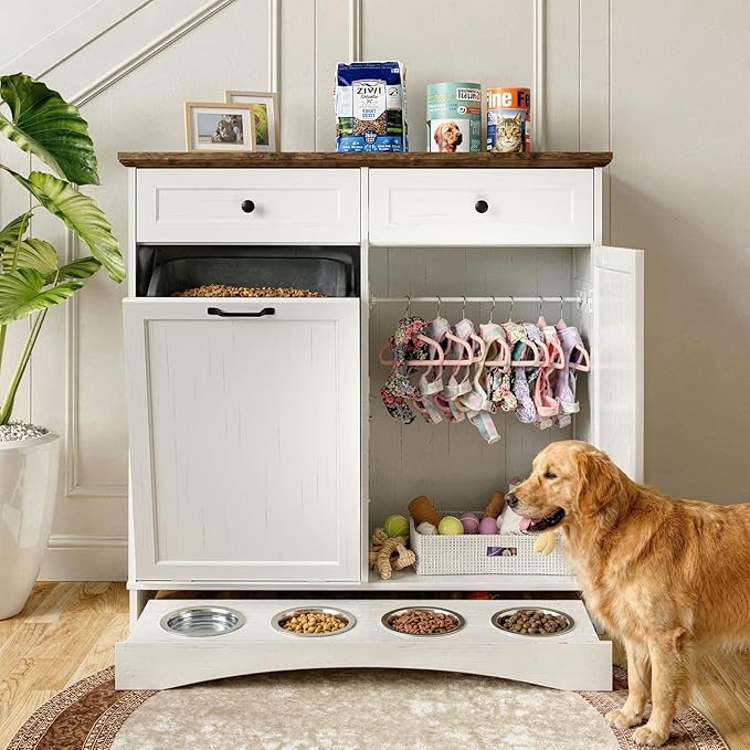 FIMELLO 39.7’’W Dual Doors Dog Food Storage Cabinet, Tilt-Out Dog Feeding Station with 4 Feeding Bowls, Pet Feeder Cabinet, White Grain by FimelloHome