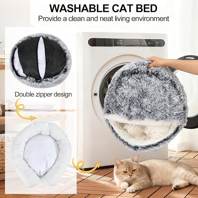 MADDEMCUTE Calming Dog & Cat Cave Bed With Hooded Cover, Removable Washable Round for Small Medium Pets, Anti-Slip Faux Fur Fluffy Coved for Improved Sleep, Fits up to 15/25 lbs (Grey, S) - Image 6