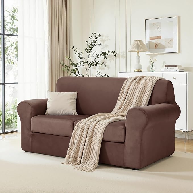 CHUN YI 3 Piece Velvet Couch Covers for 2 Cushion Couch, Water Resistant Loveseat Covers, Non Slip High Stretch Thick Furniture Protector for Dogs Pets, Medium, Brown - Image 3