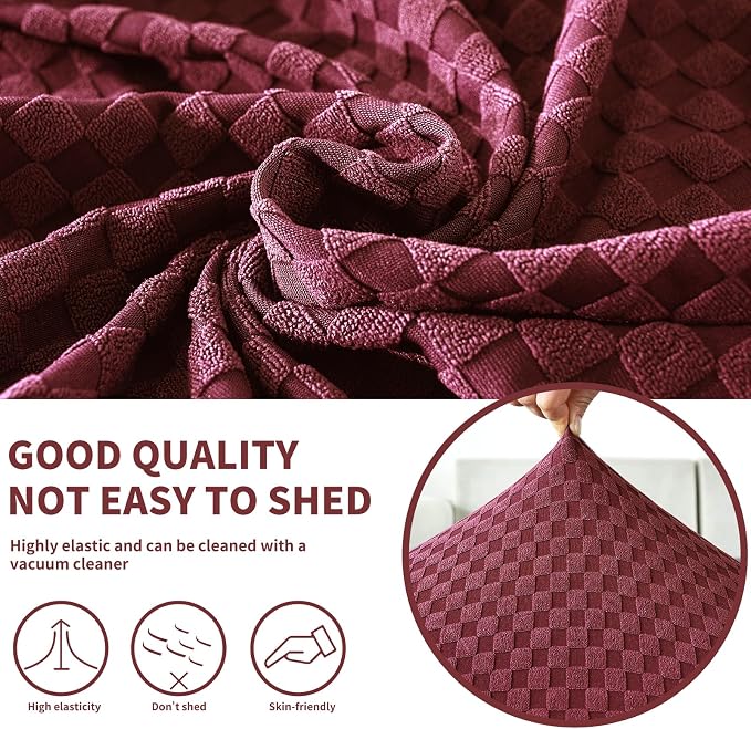 YEMYHOM 【Clearance】 Stretch Individual Cushion Covers Sofa Seat Cushion Slipcovers Soft Couch Cover Replacement Large Checkered Furniture Protector with Elastic Bottom (3 Pc Cushion Cover, Wine Red) - Image 3