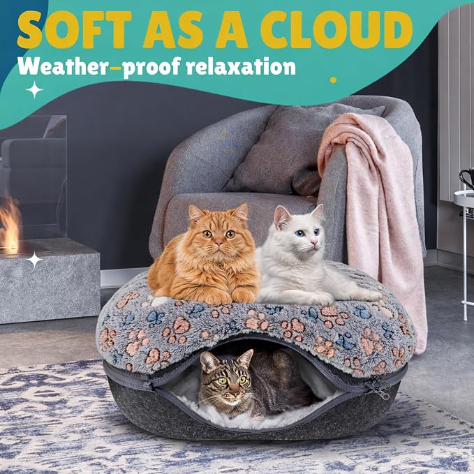 RINGTAIL Peekaboo Cat Cave Donut for Multiple & Large Cats Up to 30-45 lb, 3-in-1 Self Warming Cat Bed Tunnel with 2 Soft Fluffy Fleece Pet Blankets, Scratch, Detachable & Washable (Dark Gray, Large) - Image 7