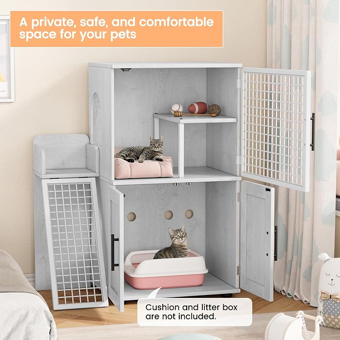 IDEALHOUSE Modern Cat Litter Box Enclosure with Platform, Double Layer Hidden Litter Box, Indoor Washroom, Villa Cat House with Ladder, 33.5" l x 17.9" w x 41.9" h,White - Image 3