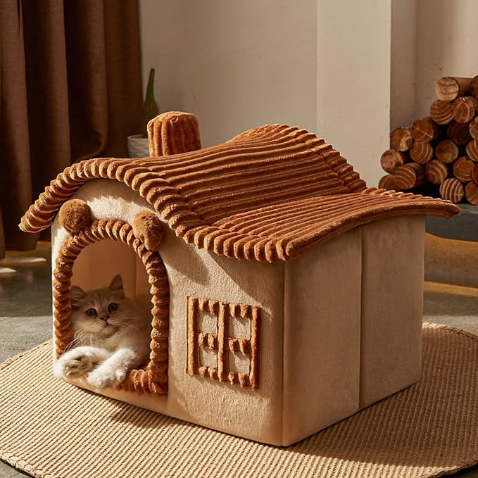 Jiupety Bear Cat Houses for Indoor Cats, Chimney Cute Cat Bed Cave, Enough Interior Space, Cartoon Soft Pet House Up to 3-15 lbs Puppy, Brown - Image 7