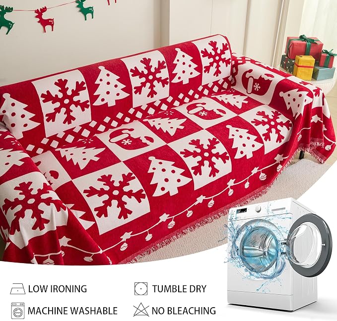 MEETSKY Christmas Couch Cover for Sectional Sofa, Chenille Loveseat Red Sofa Covers Washable for Pet Friendly Snowflake Christmas Tree Decorative Couch Covers, 71" x 118" - Image 6