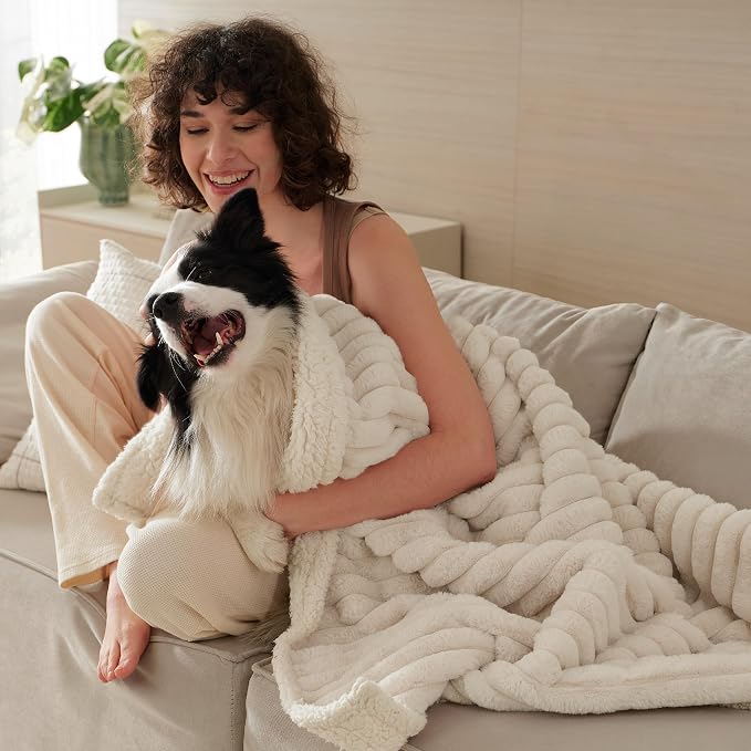 Bedsure ComfyFleece™ Waterproof Dog Blankets for Large Dogs,50x60 Cream | Soft Plush Couch Cover,Washable Corduroy Fleece for Furniture Protector,Cozy Calming Reversible Pet Blanket for Senior Dogs - Image 2