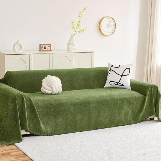 hyha Couch Cover for Dogs, Boho Chenille Sofa Cover for 3 Cushion Couch | Anti-Scratch Washable Sofa Slipcover, Loveseat Sectional Couch Throw Blankets with Tassels (Green, 88.5x134 Inch) by hyha