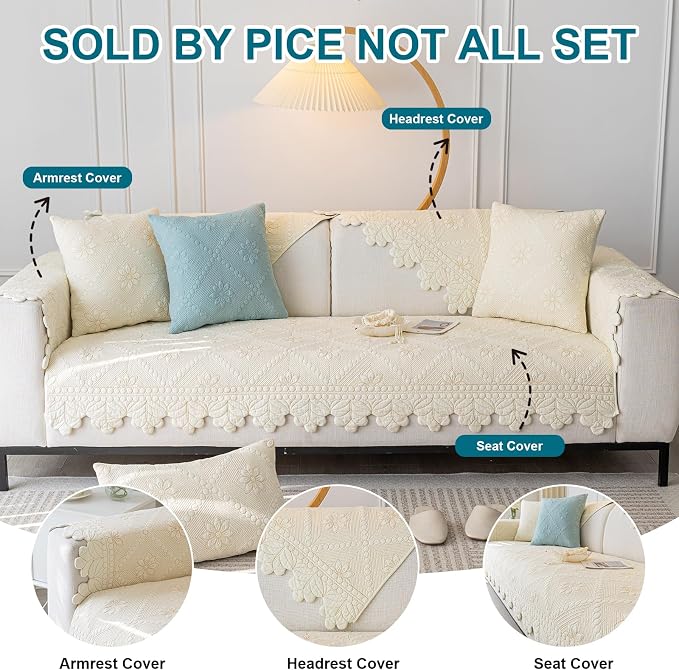 KRFOONN Cotton Quilted Dog Couch Cover for Sofa (Beige, 27.6" x 70.9") | Farmhouse Embroidery Sectional Couch Cover Washable, Soft Non Slip Sofa Slipcover Cushion Furniture Protector for Kids, Pets - Image 4