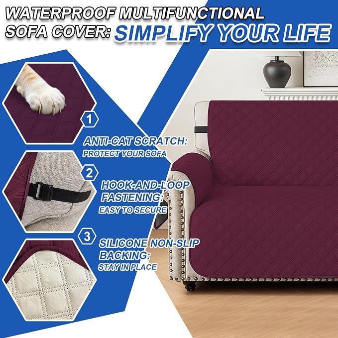 Waterproof Loveseat Covers for 2 Cushion Couch, Sofa Covers for Pets Washable with Side Pockets, Non Slip Couch Covers for Dogs, Dog Couch Cover with Elastic Straps (Loveseat, Burgundy) - Image 6