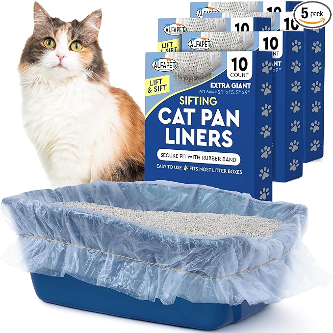 Cat Litter Box Sifting Liners Alfapet - Extra Giant 50 Count - Tear-Resistant Cat Litter Bags - Waterproof Kitty Litter Liners - Fits Almost All Litterbox Pan Sizes, 40" x 38", 30 lb Capacity by Alfapet