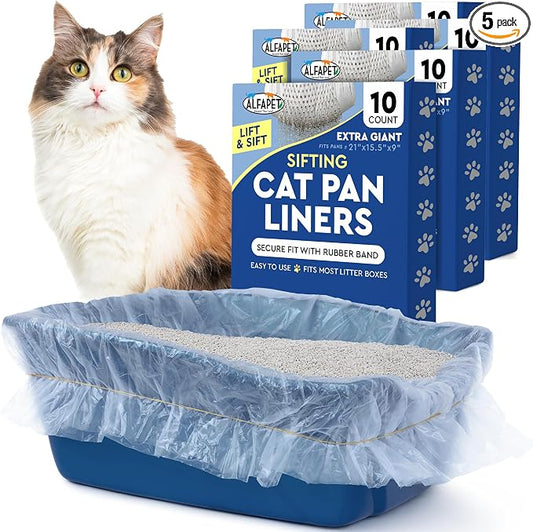 Cat Litter Box Sifting Liners Alfapet - Extra Giant 50 Count - Tear-Resistant Cat Litter Bags - Waterproof Kitty Litter Liners - Fits Almost All Litterbox Pan Sizes, 40" x 38", 30 lb Capacity by Alfapet