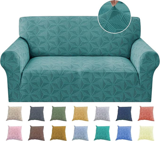 YEMYHOM 1 Piece Stretch Couch Covers for 2 Cushion Couch, Jacquard Loveseat Cover with Non-Slip Elastic Bottom, Thickened Slipcover Furniture Protector for Dogs Pets (Medium, Peacock Blue） by YEMYHOM