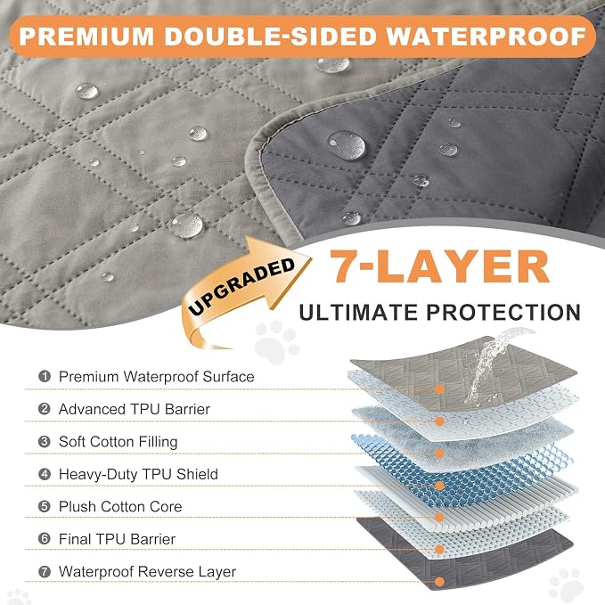 100% Waterproof Dog Bed Cover Pet Blanket(42"x50"),7-Layer Reversible Washable Sofa Couch for Furniture Car (Light Gray+Gray) - Image 2