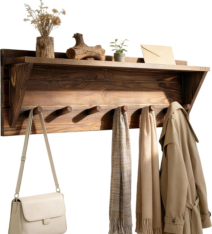 WEBI Coat Rack Wall Mount with Shelf,30" Long Entryway Wall Shelf with Hooks Underneath,7 Peg Hooks for Hanging Coats,Caps,Jacket,Clothes,Brown by WEBI