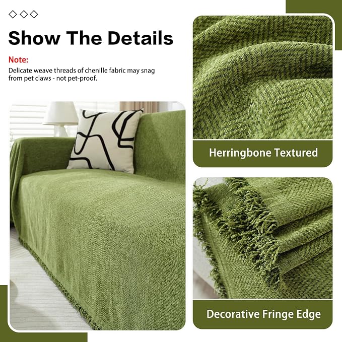 DREAMINGO Herringbone Textured Green Chenille Couch Cover 71"x118" | Modern Minimalism Style, Living Room Decor, Furniture Protector, Fit 2 Cushion Couch & Sectional, Washable, Large Size - Image 3