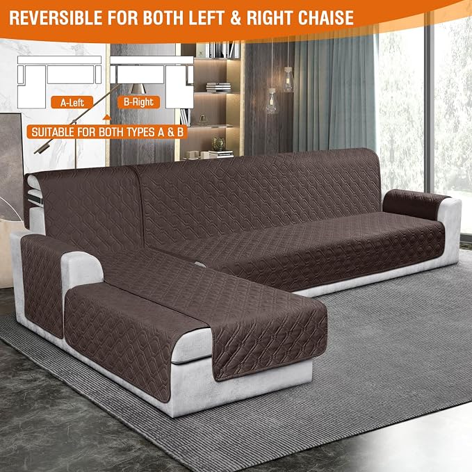 VANSOFY Sectional Couch Covers 100% Waterproof L Shaped Sofa Slipcover 3pcs Reversible Chaise Lounge Cover for Sectional Sofa Furniture Protector Cover for Pets Cat Dog(X-Large, Chocolate) - Image 3