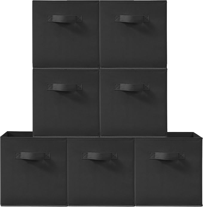 11 Inch Fabric Storage Cubes, Sturdy Foldable Storage Bins, Heavy Duty Cube Organizer for Clothes, Blankets, Shelves, Closets, Bedroom, Living Room, Black, 7 Pack by Unknown