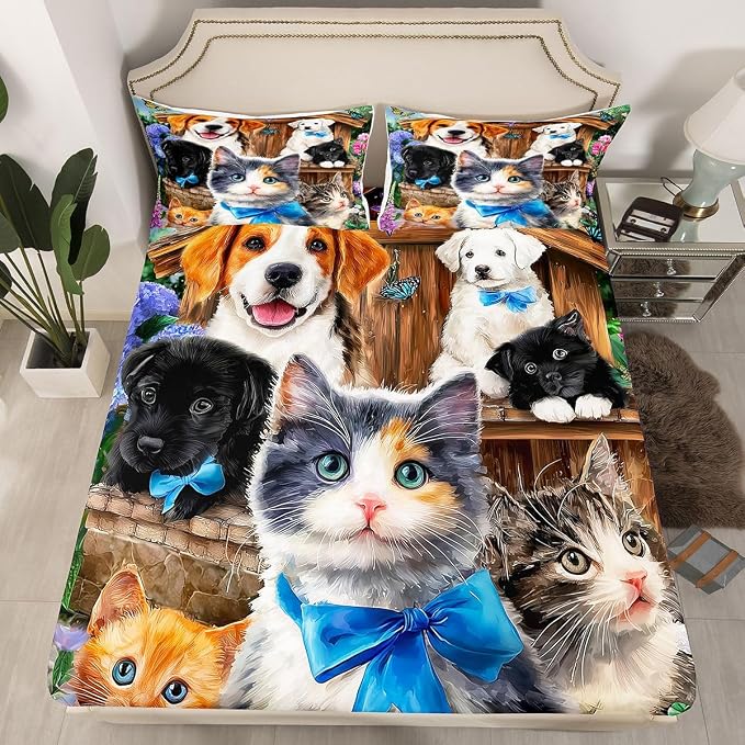 Cat Sheet Sets King Size for Boys Girls Kids Kawaii Bedding Cute Animal Pet Kitten Flat Sheet Lovely Kitten Puppy Fitted Sheet Cartoon Kawaii Dog Animal Design Toddler Bedroom Collection Bed Sheet - Image 3