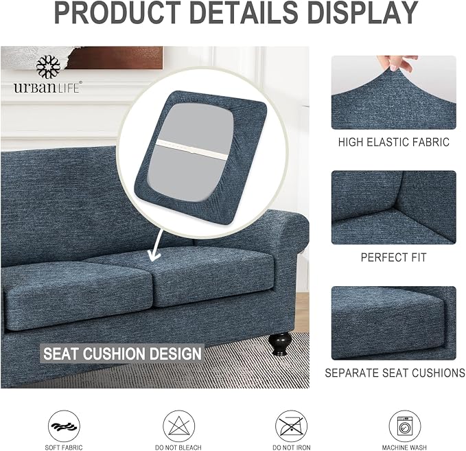 URBANLIFE 3-Piece Stretch Sofa Covers for 2 Cushion Couch, Dusk Blue Gray | Super fitted spandex slipcovers for couches. Non-slip elastic bottom. Machine washable furniture protector for kids & pets. - Image 6