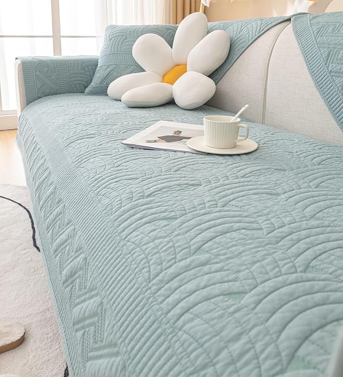 vctops Solid Color Cotton Quilted Sofa Couch Cover Weave Pattern Soft Sectional Couch Covers Embroidery Non-Slip Sofa Slipcover for Dogs, Children, Pets Furniture Protector (Blue,28"x94") - Image 5