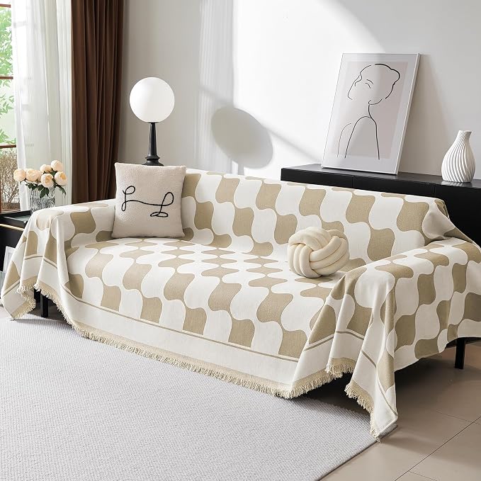 MEETSKY Couch Cover Modern Khaki White Plaid Jacquard Sofa Slipcover U Shape Sofa Protector for 3 Cushion Couch Sofa, Chenille Sofa Couch Coverfor Dogs Kids, 91" X134", Khaki Checkerboard by MEETSKY