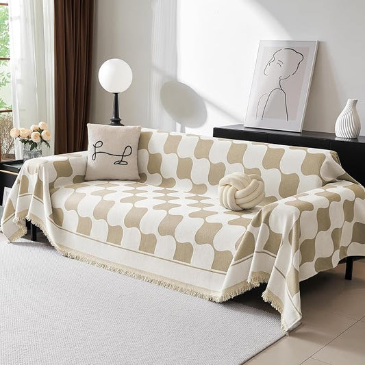 MEETSKY Couch Cover Modern Khaki White Plaid Jacquard Sofa Slipcover U Shape Sofa Protector for 3 Cushion Couch Sofa, Chenille Sofa Couch Coverfor Dogs Kids, 91" X134", Khaki Checkerboard by MEETSKY