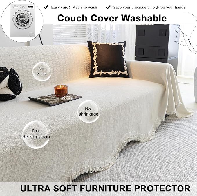 ROOMLIFE Boho White Couch Cover for Dogs, Washable Non Slip Furniture Protector Couch Sofa Covers for 3 Cushion Couch, Soft Chenille Couch Cover Throw Blanket with Tassels 71''X134'' - Image 6