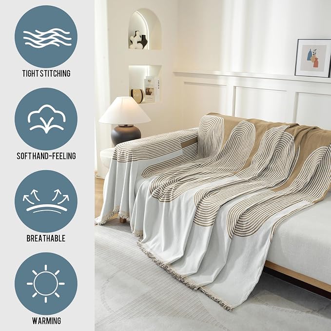 Couch Cover for Sofa, Boho Sofa Cover Washable Couch Cover for Dogs, Pet Sofa Cover for 3-Cushion Couches with Tassel Furniture Protector Cover,71" x 134",Khaki-Half-Round - Image 3