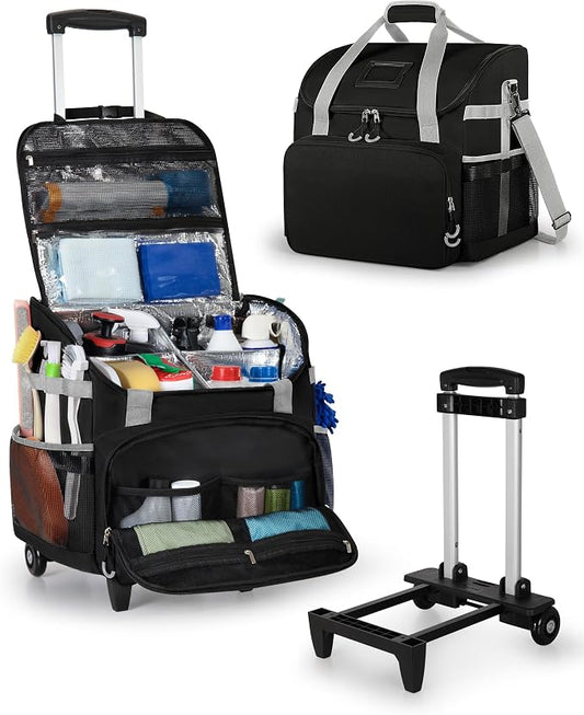 Marscamd Large Rolling Cleaning Caddy Bag with Detachable Trolley, Cleaning Supplies Organizer with Wheels for Housekeepers, Black by Marscamd