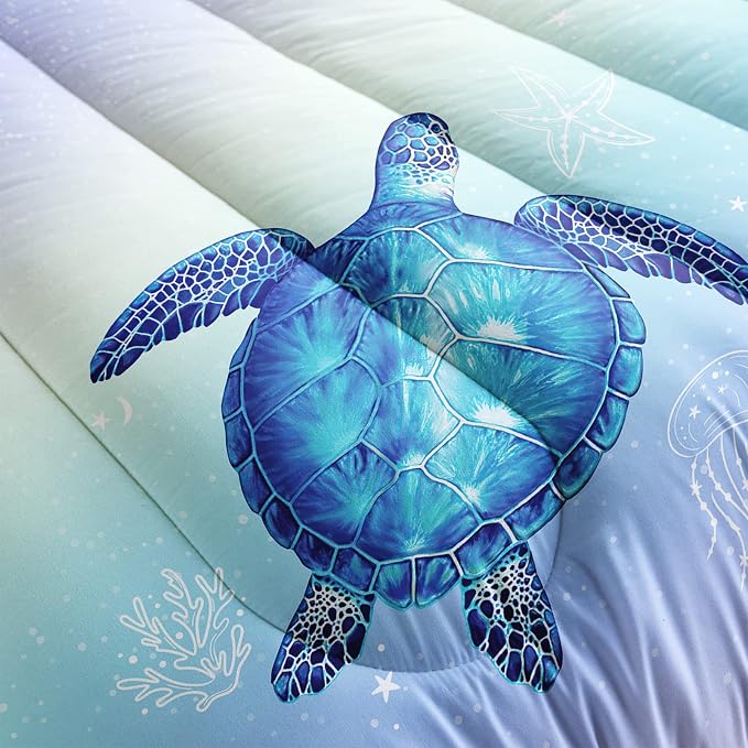 QOOMO Turtle Comforter Twin Size, Ocean Bedding Set for Kids Teens Girls Boys, 3Pcs Printed Comforter with 2 Pillowcases, Down Alternative, Soft and Lightweight (Blue, Twin Size) - Image 5