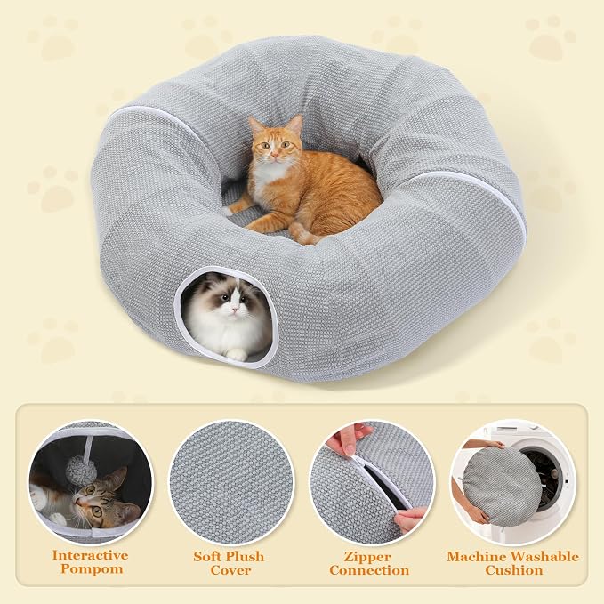 PEQULTI Cat Donut Tunnel with Bed for Indoor Cats, Cat Play Tunnel with Washable Soft Plush Mat, Round Tube Toys Cute Tube for Kittens, Puppies, Rabbits and Ferrets, Grey - Image 7