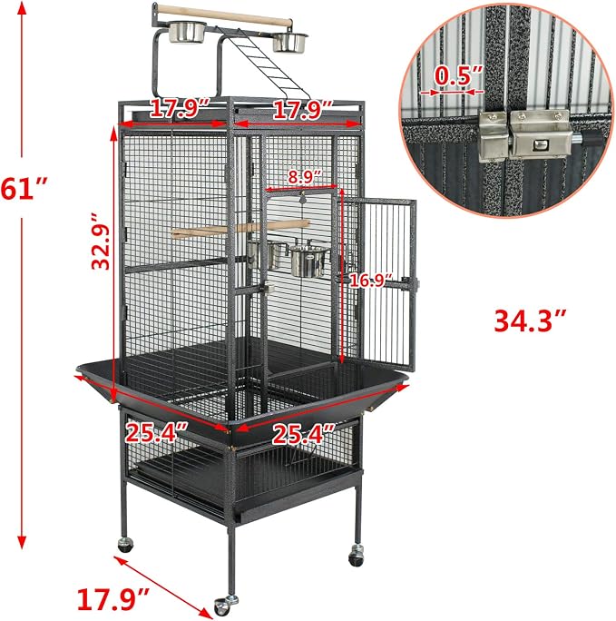 SUPER DEAL PRO 61-inch 2in1 Large Bird Cage with Rolling Stand Playtop Parrot Chinchilla Finch Cage Macaw Conure Cockatiel Cockatoo Pet House Wrought Iron Birdcage, Black - Image 4