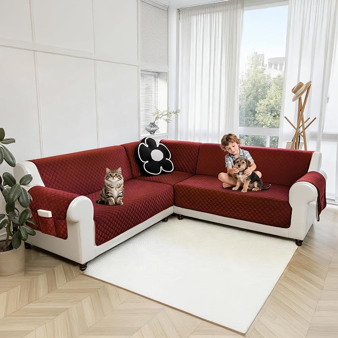 Sectional Couch Covers for Dogs 100% Waterproof Corner L Shaped Sofa Cover Pet Friendly Velvet Washable Anti Slip L Shape Modular Sofa Slipcover Protector with Pockets (Wine Red, Large) - Image 9