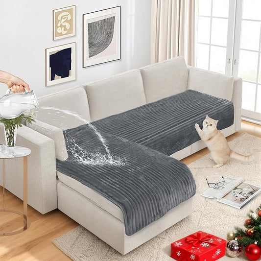 NAISI Couch Covers for Dogs Waterproof Flannel Striped Sofa Cover Pet Friendly Washable Dog Mat for Couch Anti Slip Sectional Sofa Slipcover Protector(2pcs/35"x63"+35"x70",Dark Grey) by NAISI