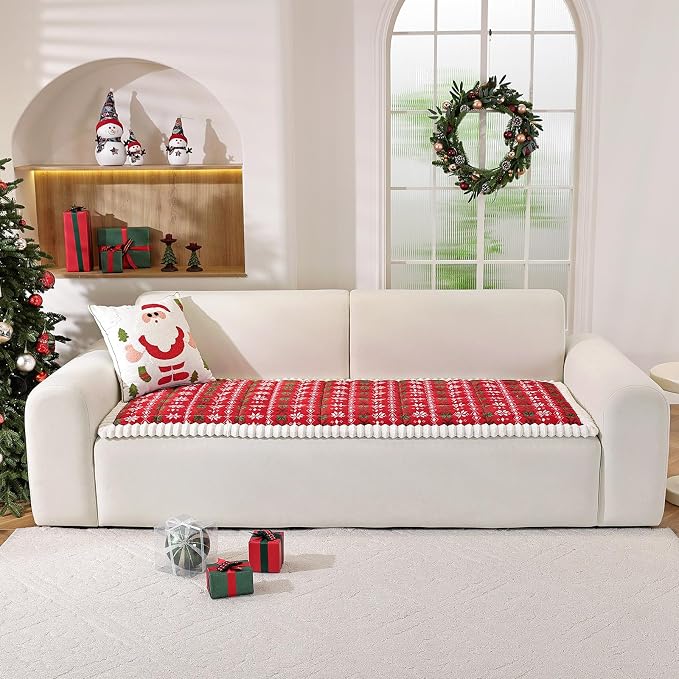 VClife Fuzzy Anti-Slip Dog Couch Cover for Christmas, Red, 27.6 x 82.7 | Soft Thick Couch Covers for 3 Cushion Couch Sofa Pet Friendly, Scratch Resistant Sofa Cover Washable Dog Furniture Protector - Image 2