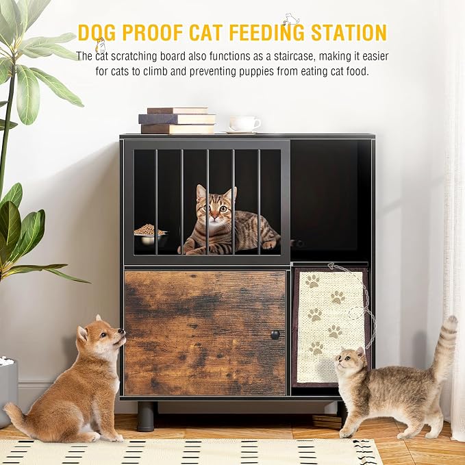 Dog Proof Cat Feeding Station, Cat Feeding Station with Scratching Board, Raised Bowls for Indoor Cats, Elevated Food Bowls with Stand, Vintage Black Furniture - Image 2