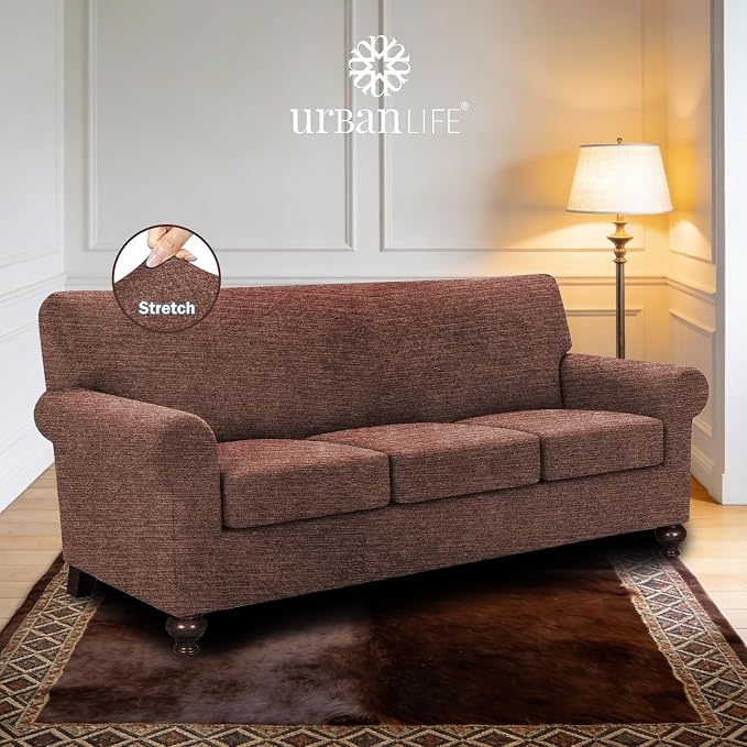 URBANLIFE 4-Piece Stretch Sofa Covers for 3 Cushion Couch, Chocolate | Super fitted spandex slipcovers for couches. Non-slip elastic bottom. Machine washable furniture protector for kids & pets. - Image 2