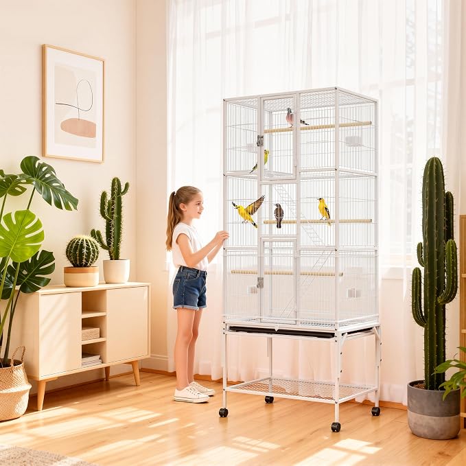 69 inches Bird Cage with Dust Cover, Birdcages with Rolling Wheels | Large Bird Cages for Cockatiels Quaker Conure Parakeet Lovebird Finch Canary Small Medium Parrot Cage Birdcage,White - Image 5