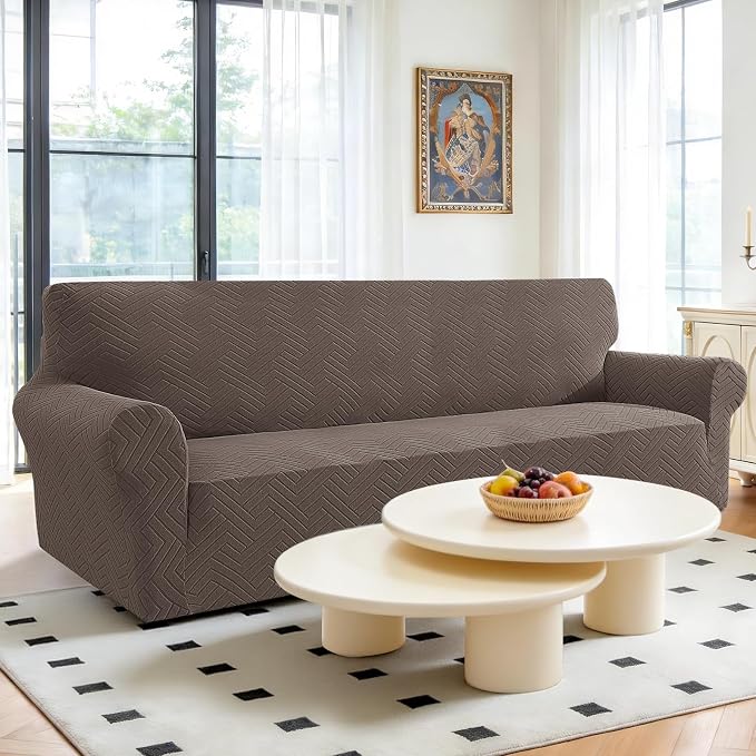 Stretch Sofa Cover Non-Slip Washable Furniture Protector | Stretch, 91"-110".Soft, Non Skid Foam, Elastic Bottom, Machine Washable, for Kids & Pets, Couch & Sofa, Light Coffee - Image 2