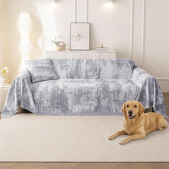 hyha Couch Cover for Dogs, Boho Chenille Sofa Cover for 3 Cushion Couch | Anti-Scratch Washable Sofa Slipcover, Loveseat Sectional Couch Throw Blankets with Tassels (Grey/White, 71x134 Inch) by hyha